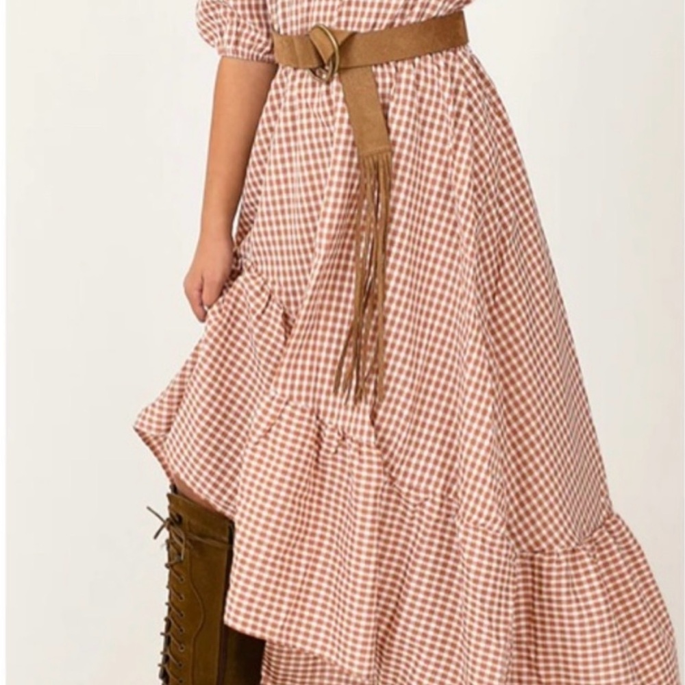 Joyfolie Gabriella Rosette Gingham Brown & Ivory Ruffle Dress Girls Size 12 NEW